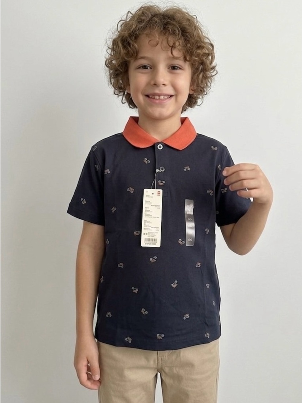 NWT UNIQLO KIDS Dry Pique Polo Shirt - Navy with Orange Collar & Toy Car Print